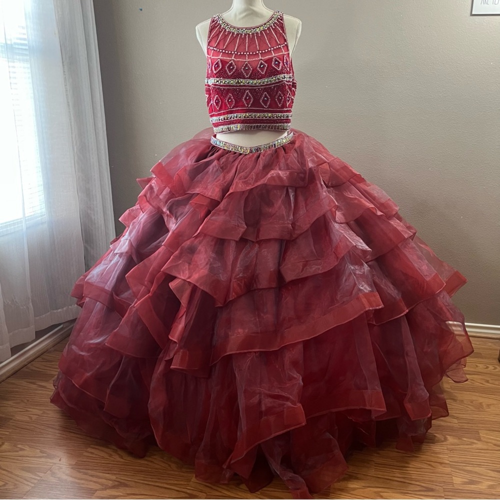 Quinceanera Collection Claret Layered Gown Beaded Crop Top with skirt size 16